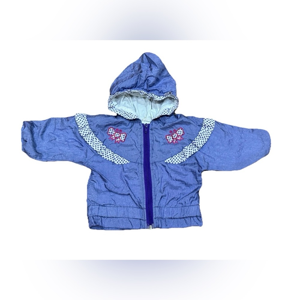 Vintage 90s Girls Zip Up Jacket Coat Size 12 Mo Purple SEARS Hooded Bows